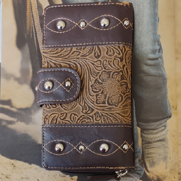 Handbags - Western Style Embossed Wallet with Stud Accents